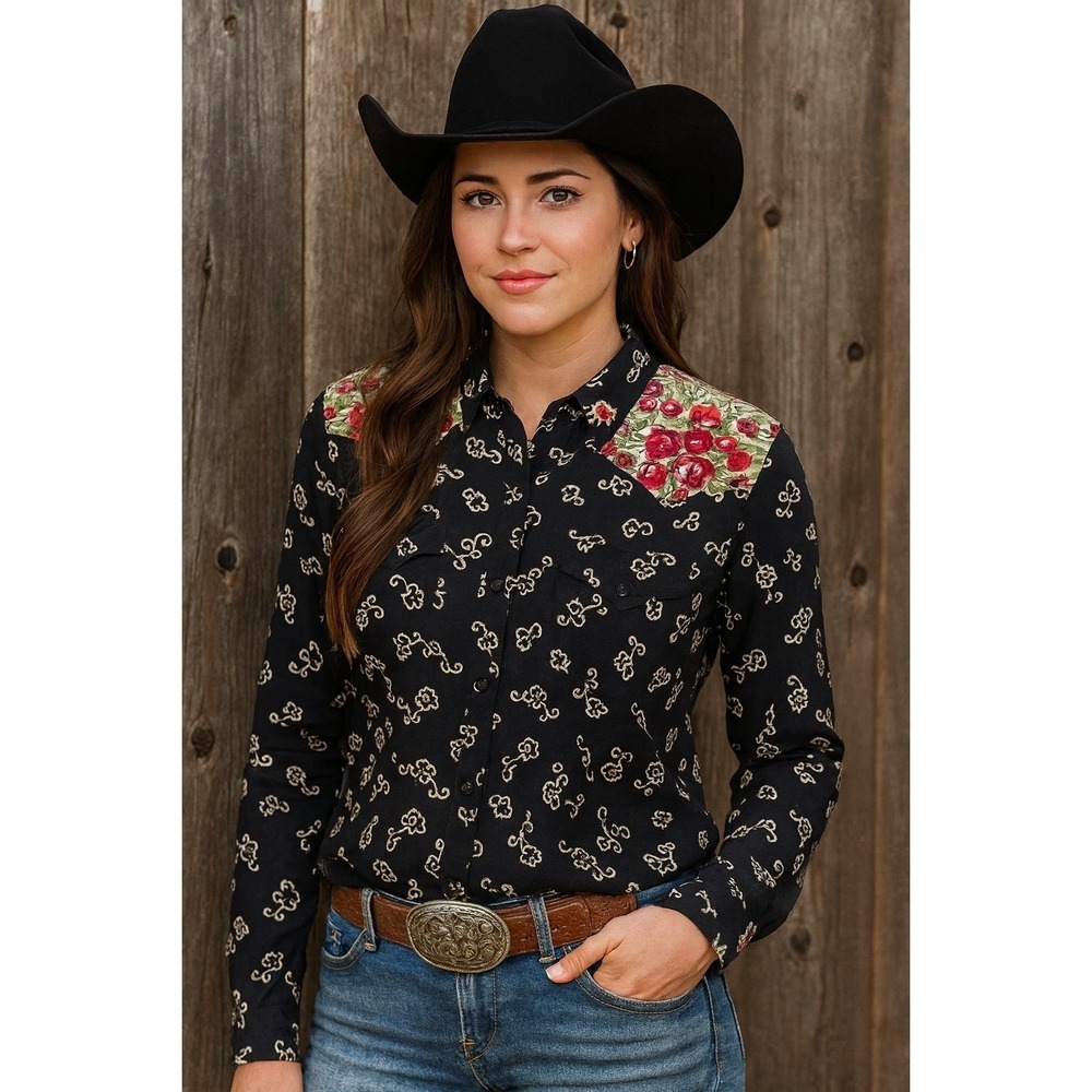 Vintage Womens Black Pink Shirt Top XL Country Western Floral Long Sleeve
